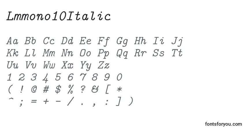 Czcionka Lmmono10Italic – alfabet, cyfry, specjalne znaki