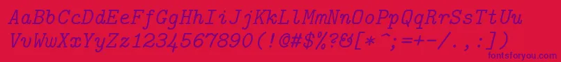 Lmmono10Italic-Schriftart – Violette Schriften auf rotem Hintergrund