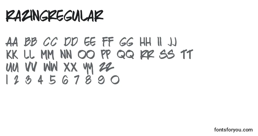 A fonte RazingRegular – alfabeto, números, caracteres especiais
