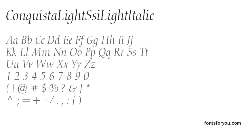 Шрифт ConquistaLightSsiLightItalic – алфавит, цифры, специальные символы