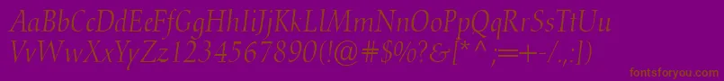 Fonte ConquistaLightSsiLightItalic – fontes marrons em um fundo roxo