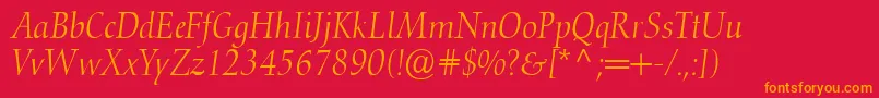 ConquistaLightSsiLightItalic-Schriftart – Orangefarbene Schriften auf rotem Hintergrund