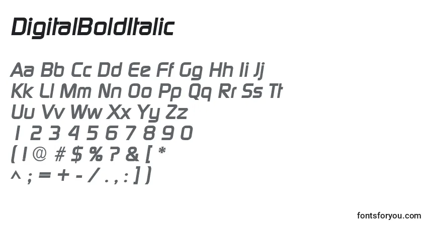 Шрифт DigitalBoldItalic – алфавит, цифры, специальные символы