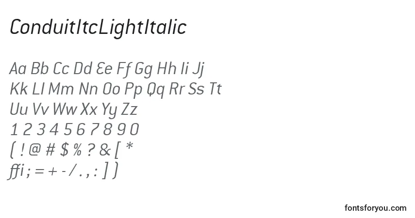 Шрифт ConduitItcLightItalic – алфавит, цифры, специальные символы