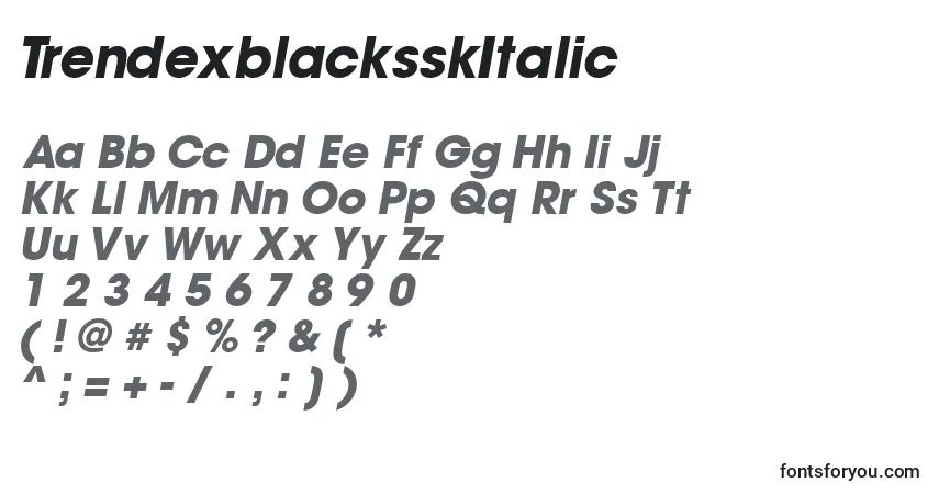 A fonte TrendexblacksskItalic – alfabeto, números, caracteres especiais