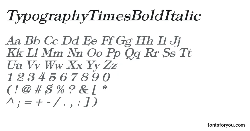 Czcionka TypographyTimesBoldItalic – alfabet, cyfry, specjalne znaki