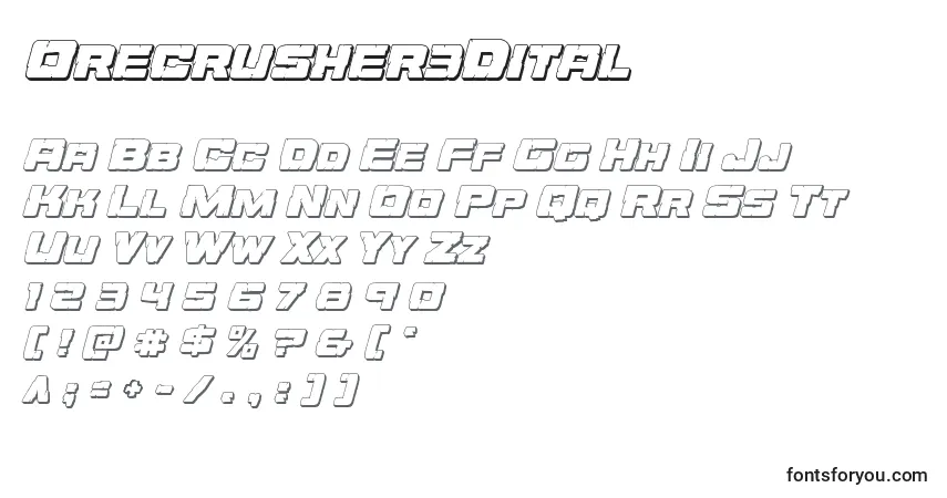 Czcionka Orecrusher3Dital – alfabet, cyfry, specjalne znaki
