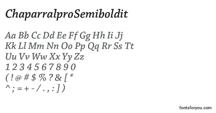 A fonte ChaparralproSemiboldit – alfabeto, números, caracteres especiais