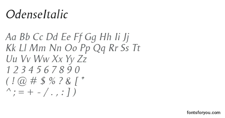 A fonte OdenseItalic – alfabeto, números, caracteres especiais