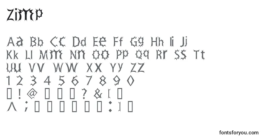 Czcionka Zimp – alfabet, cyfry, specjalne znaki