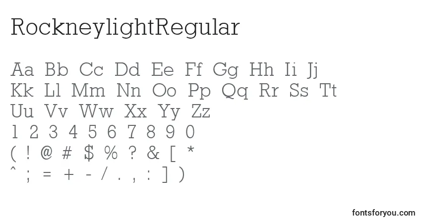 Czcionka RockneylightRegular – alfabet, cyfry, specjalne znaki