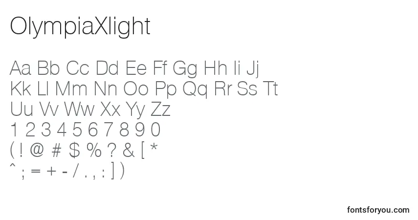 Czcionka OlympiaXlight – alfabet, cyfry, specjalne znaki