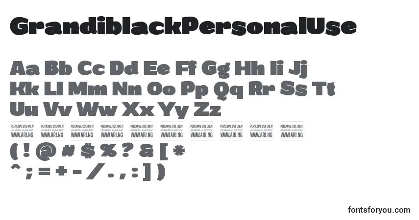 Czcionka GrandiblackPersonalUse – alfabet, cyfry, specjalne znaki