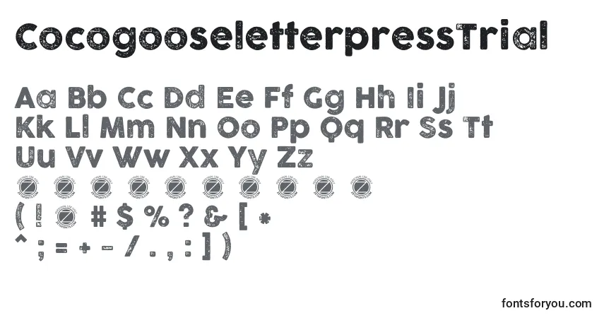 Czcionka CocogooseletterpressTrial – alfabet, cyfry, specjalne znaki