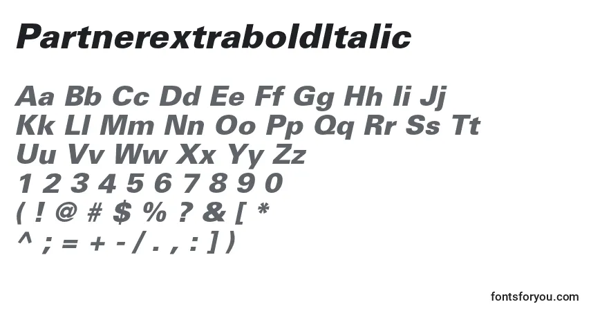 Czcionka PartnerextraboldItalic – alfabet, cyfry, specjalne znaki
