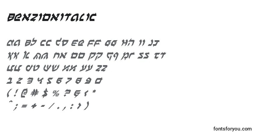 A fonte BenZionItalic – alfabeto, números, caracteres especiais