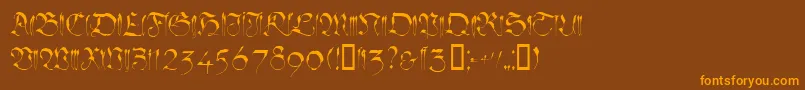 Linotypesangue-Schriftart – Orangefarbene Schriften auf braunem Hintergrund