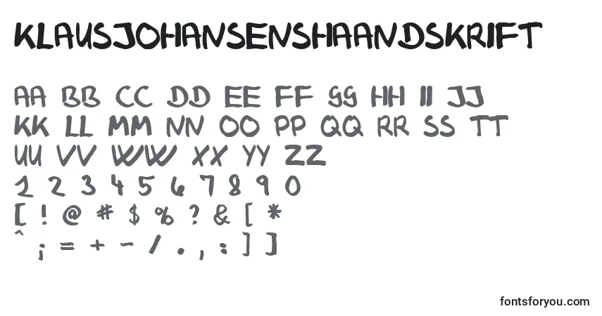 A fonte KlausJohansensHaandskrift – alfabeto, números, caracteres especiais