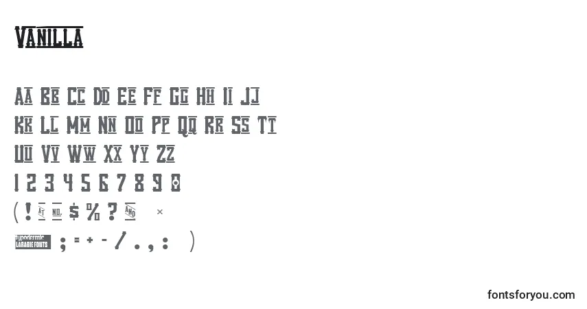 Czcionka Vanilla – alfabet, cyfry, specjalne znaki