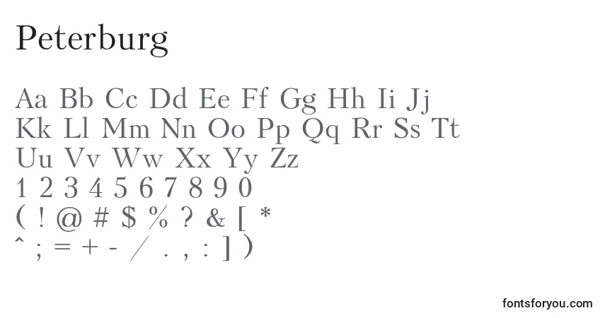 A fonte Peterburg – alfabeto, números, caracteres especiais