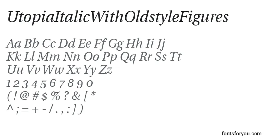 Czcionka UtopiaItalicWithOldstyleFigures – alfabet, cyfry, specjalne znaki