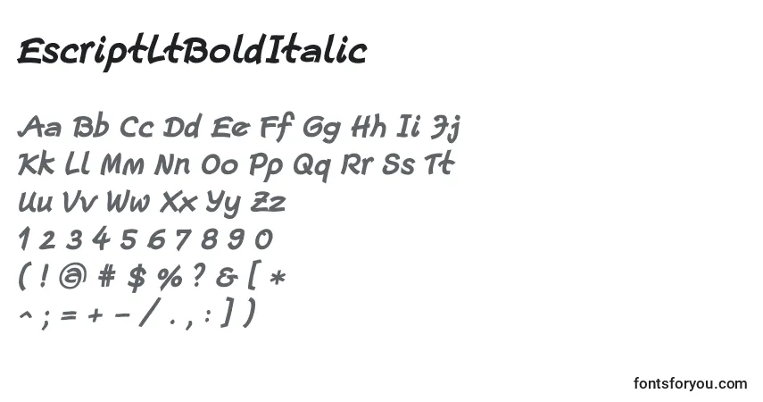 Czcionka EscriptLtBoldItalic – alfabet, cyfry, specjalne znaki
