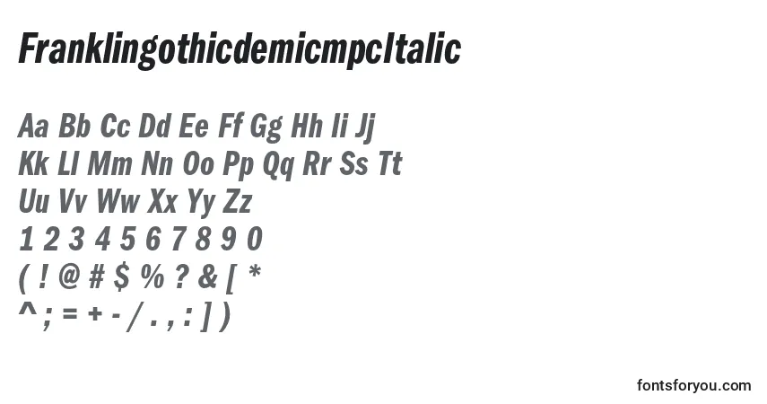 A fonte FranklingothicdemicmpcItalic – alfabeto, números, caracteres especiais