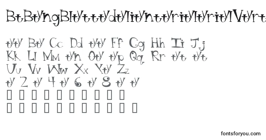 Шрифт BtBongBlastedAliensTrialTrialVersion – алфавит, цифры, специальные символы