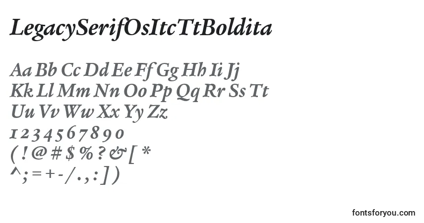 A fonte LegacySerifOsItcTtBoldita – alfabeto, números, caracteres especiais