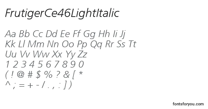 Czcionka FrutigerCe46LightItalic – alfabet, cyfry, specjalne znaki