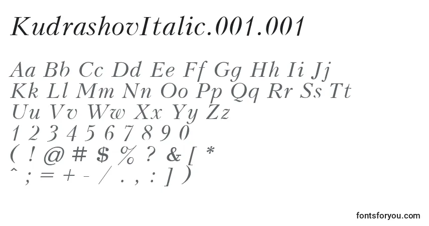 Czcionka KudrashovItalic.001.001 – alfabet, cyfry, specjalne znaki