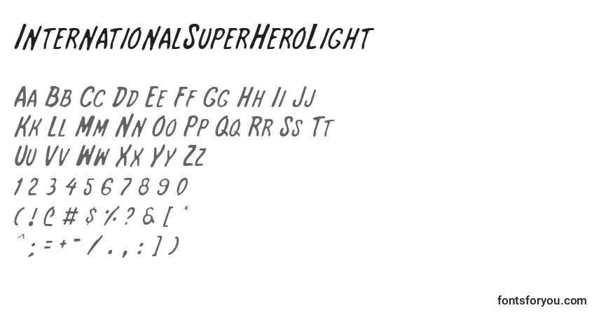 Czcionka InternationalSuperHeroLight – alfabet, cyfry, specjalne znaki
