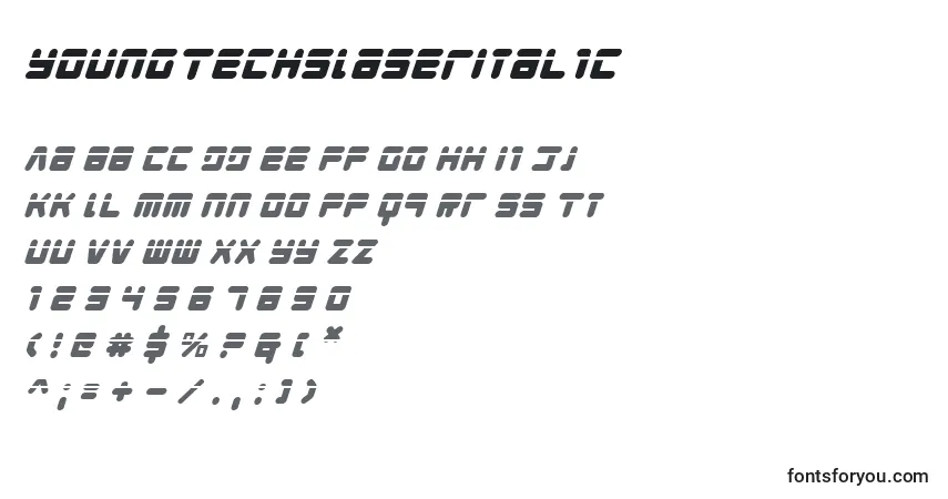 Schriftart YoungTechsLaserItalic – Alphabet, Zahlen, spezielle Symbole