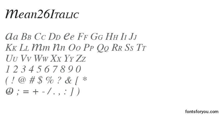 A fonte Mean26Italic – alfabeto, números, caracteres especiais