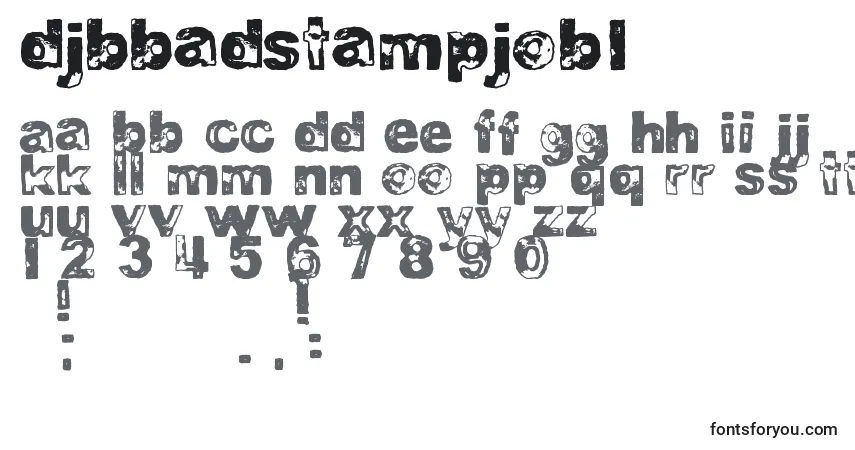 A fonte DjbBadStampJob1 – alfabeto, números, caracteres especiais