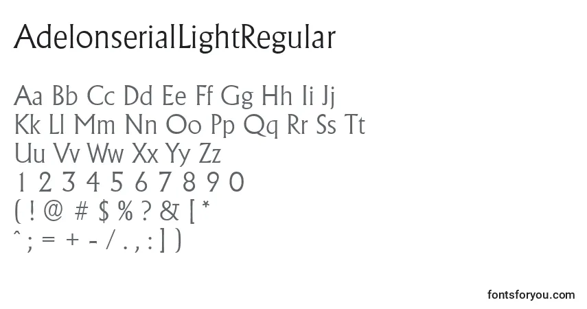 A fonte AdelonserialLightRegular – alfabeto, números, caracteres especiais