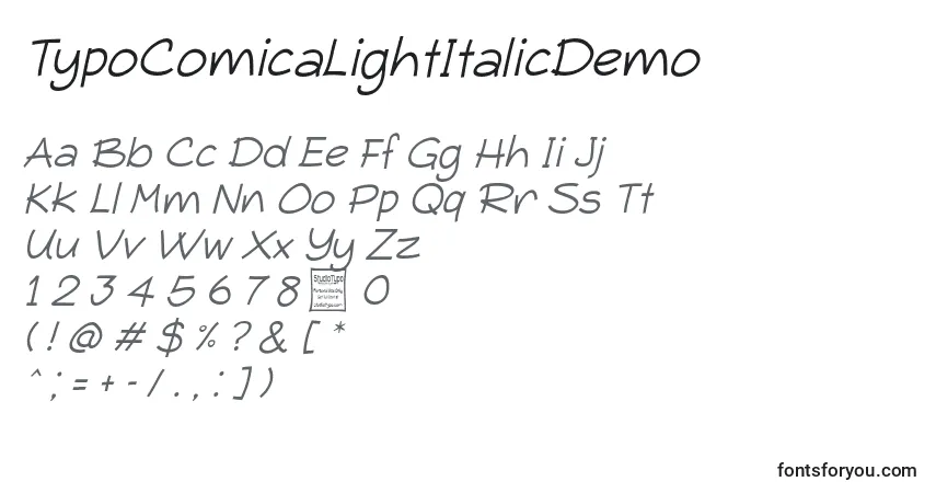 TypoComicaLightItalicDemoフォント–アルファベット、数字、特殊文字