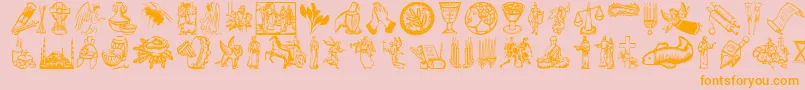 Weitere Informationen zur Religioussymbols-Schriftart Religioussymbols-Schriftart – Orangefarbene Schriften auf rosa Hintergrund