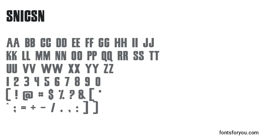 Czcionka Snicsn – alfabet, cyfry, specjalne znaki
