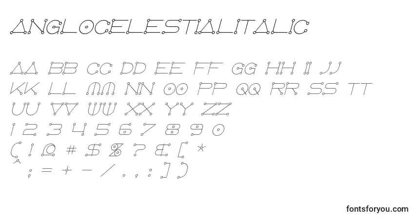 A fonte AnglocelestialItalic – alfabeto, números, caracteres especiais