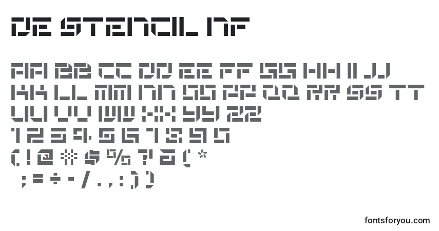 Czcionka De Stencil Nf – alfabet, cyfry, specjalne znaki