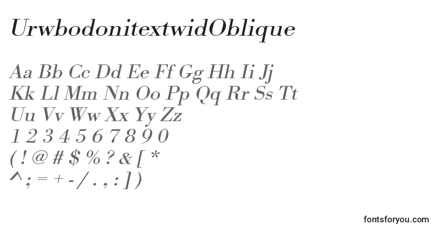 A fonte UrwbodonitextwidOblique – alfabeto, números, caracteres especiais
