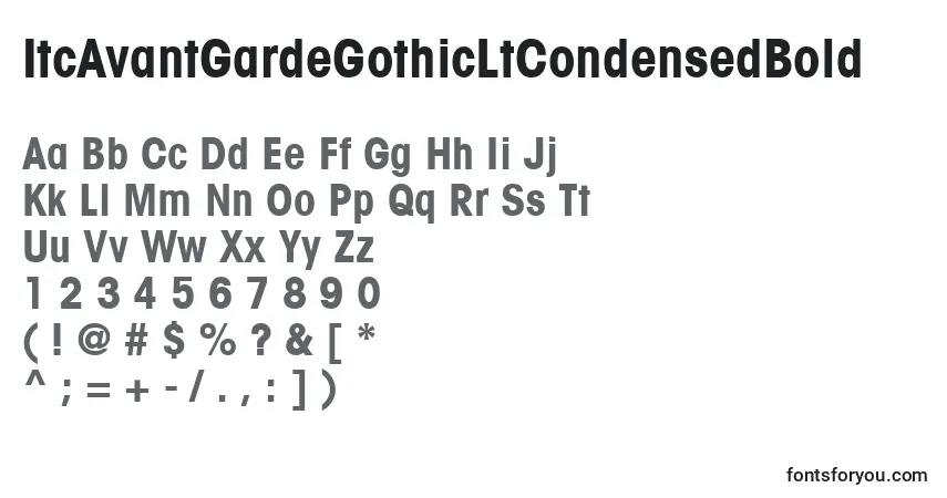 A fonte ItcAvantGardeGothicLtCondensedBold – alfabeto, números, caracteres especiais