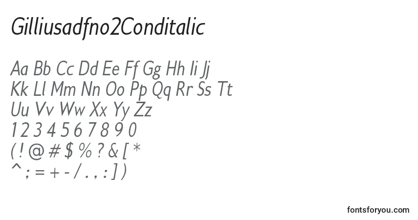 Czcionka Gilliusadfno2Conditalic – alfabet, cyfry, specjalne znaki