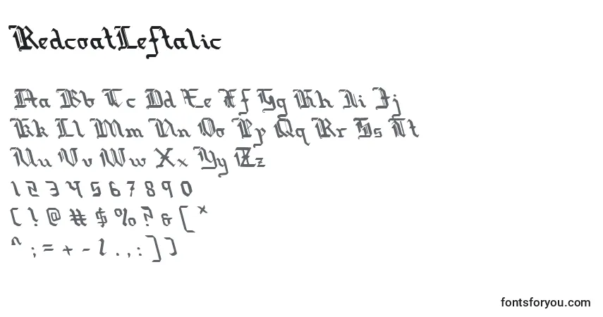 Schriftart RedcoatLeftalic – Alphabet, Zahlen, spezielle Symbole