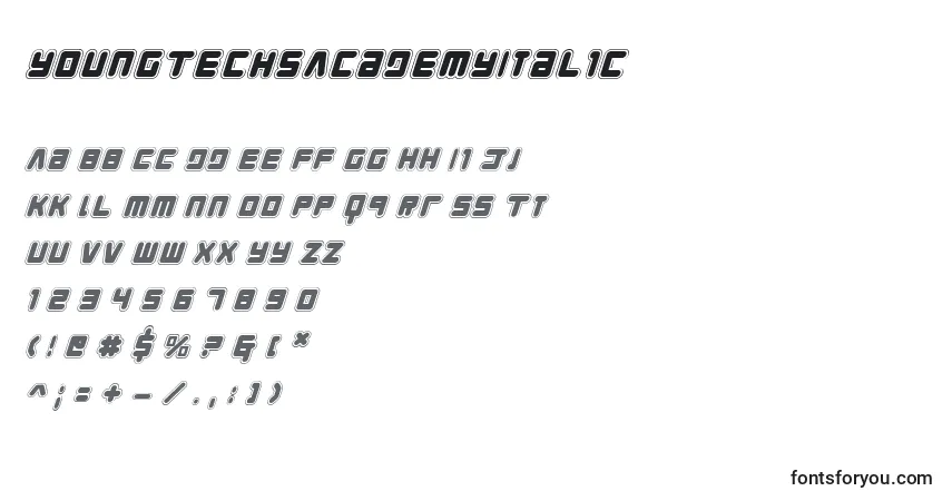 Czcionka YoungTechsAcademyItalic – alfabet, cyfry, specjalne znaki