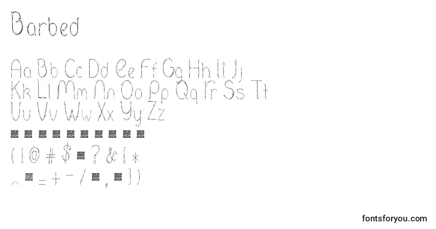 Czcionka Barbed – alfabet, cyfry, specjalne znaki