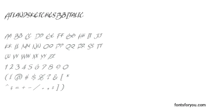 Шрифт AtlandsketchesBbItalic – алфавит, цифры, специальные символы
