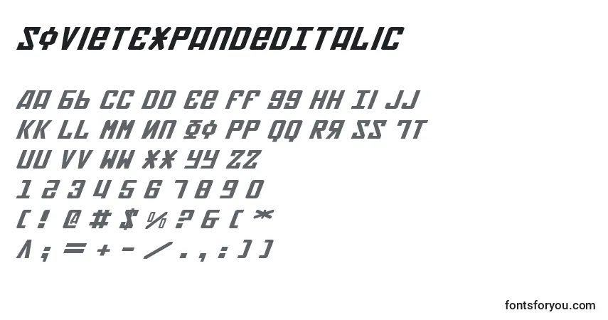 Czcionka SovietExpandedItalic – alfabet, cyfry, specjalne znaki