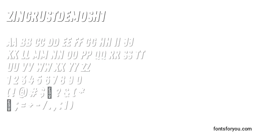 Czcionka ZingrustdemoSh1 – alfabet, cyfry, specjalne znaki